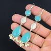 925 Sterling Silver Aqua Chalcedony Stone Wife Drop Dangle Hook Unique Earrings