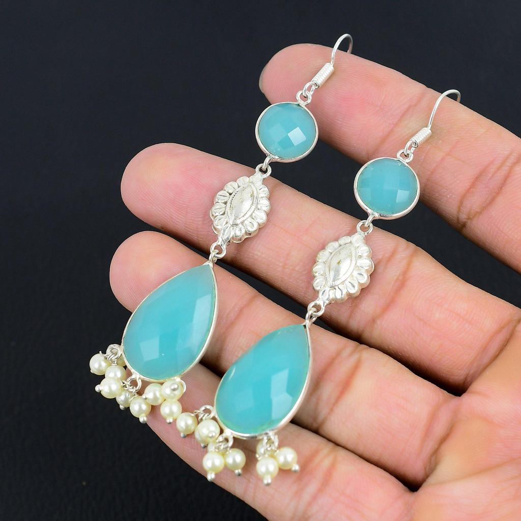 925 Sterling Silver Aqua Chalcedony Stone Wife Drop Dangle Hook Unique Earrings