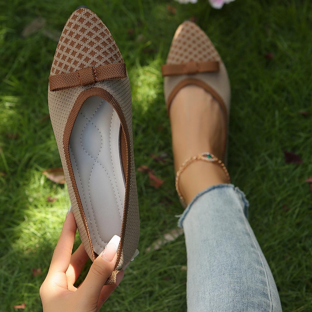 Large size fly-woven lightweight women's single shoes, one-pedal comfortable rhombus grid bow flat-bottomed pointed women's shoes