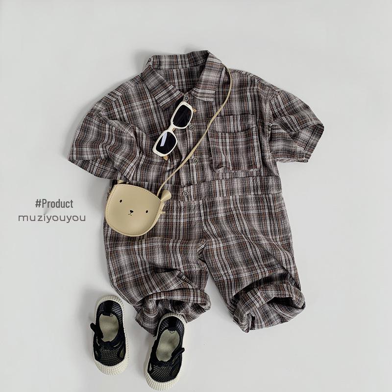 

Детский клетчатый комбинезон в корейском стиле 2025: Весенне-летний ромпер для мальчиков и девочек 110cm