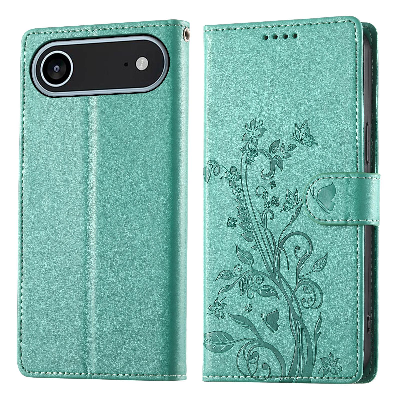 For iPhone Air Wallet Case Butterfly Floral Imprint PU Leather Phone Cover with Wrist Strap B