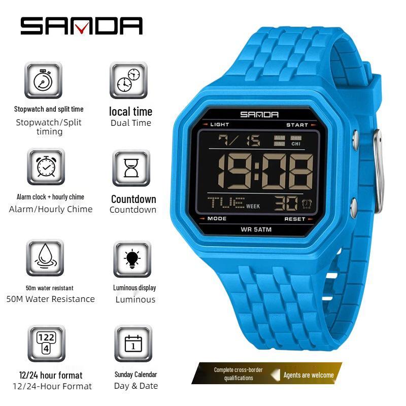Sanda Creative Square Multifunctional Dual Display Student Watch - Countdown, Alarm, Waterproof, Trendy Electronic Timepiece.