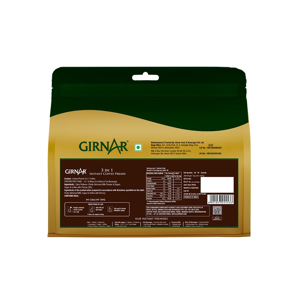 Girnar Instant-Vormischung 3 in 1 Kaffee 36 Beutel 504g Einfaches Einzelportionen-Heißgetränk