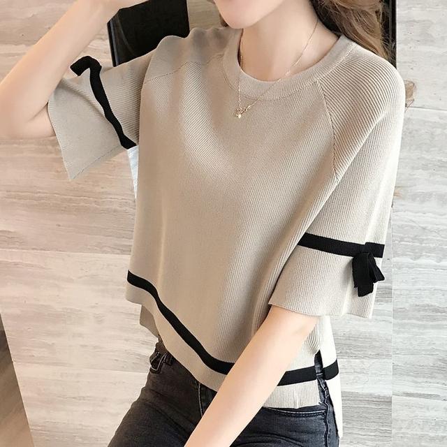 Women Flare Half Sleeve Temperament All-match Tees Spring Summer Oversized Elegant Fashion Bow Knitted Pullover T-shirt Tops