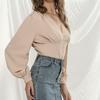 Ladies Elegant Blouse Lantern Long Sleeve Tops V Neck Crop Top Fashion Shirts Women Button Down Blouses