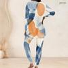 Women Plus Size Round Neck Long Sleeve Printed Longline Top Fitted Pants Two Piece Set White Blue Green