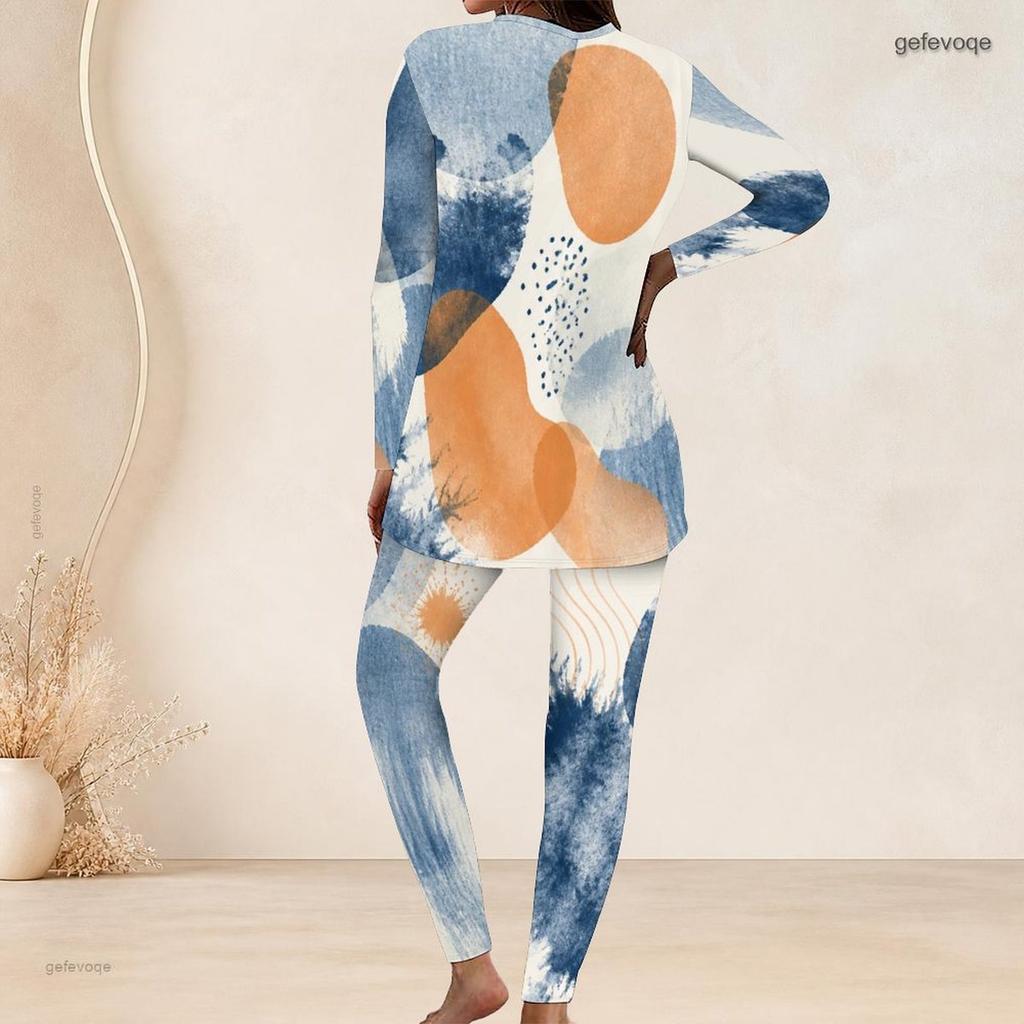 Women Plus Size Round Neck Long Sleeve Printed Longline Top Fitted Pants Two Piece Set White Blue Green