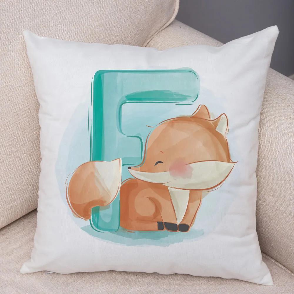 Cute Cartoon Animal Cushion Cover for Children Room Water Color English Letter Print Pillow Case Short Plush Pillowcase 45x45cm