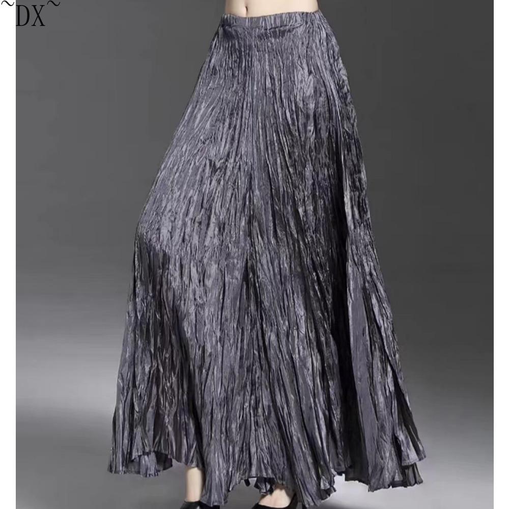 DX~~Nuova gonna a pieghe allungata, gonna lunga alla moda a vita alta da donna, fluida e drappeggiata, orlo oversize