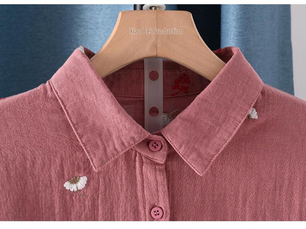 Double-Layer Gauze Floral Embroidered Long-Sleeve Autumn Shirt for Women