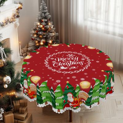 1 Piece Of Christmas Round And Rectangular Tablecloth, Various Sizes, Santa Claus Gift Box Print Pattern Red Tablecloth, Suitable For Daily Use In Hom