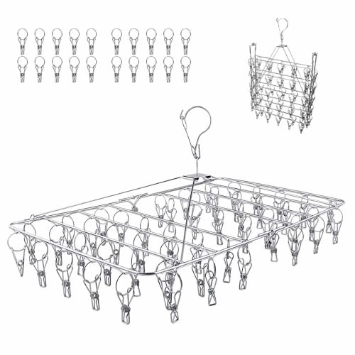 YOUXIU Clothes Drying Rack, 52 Clothespins (Includes 20 Spare Clothespins), Stainless Steel, Foldable, Easy Storage, 360-Degree Rotation, Rust-Resista