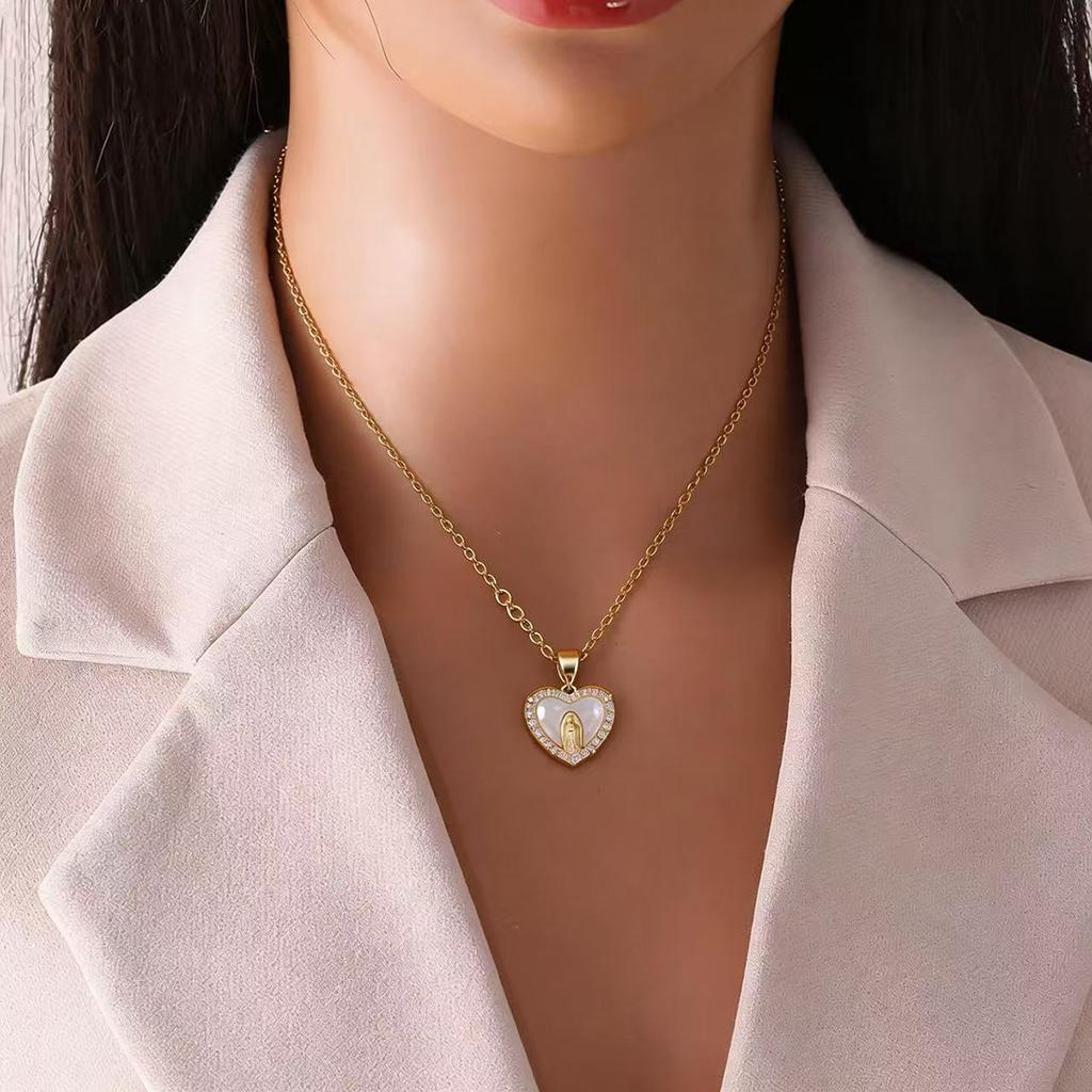 Euro-American style heart shell Madonna pendant necklace, light luxury high-end clavicle chain jewelry, stainless steel