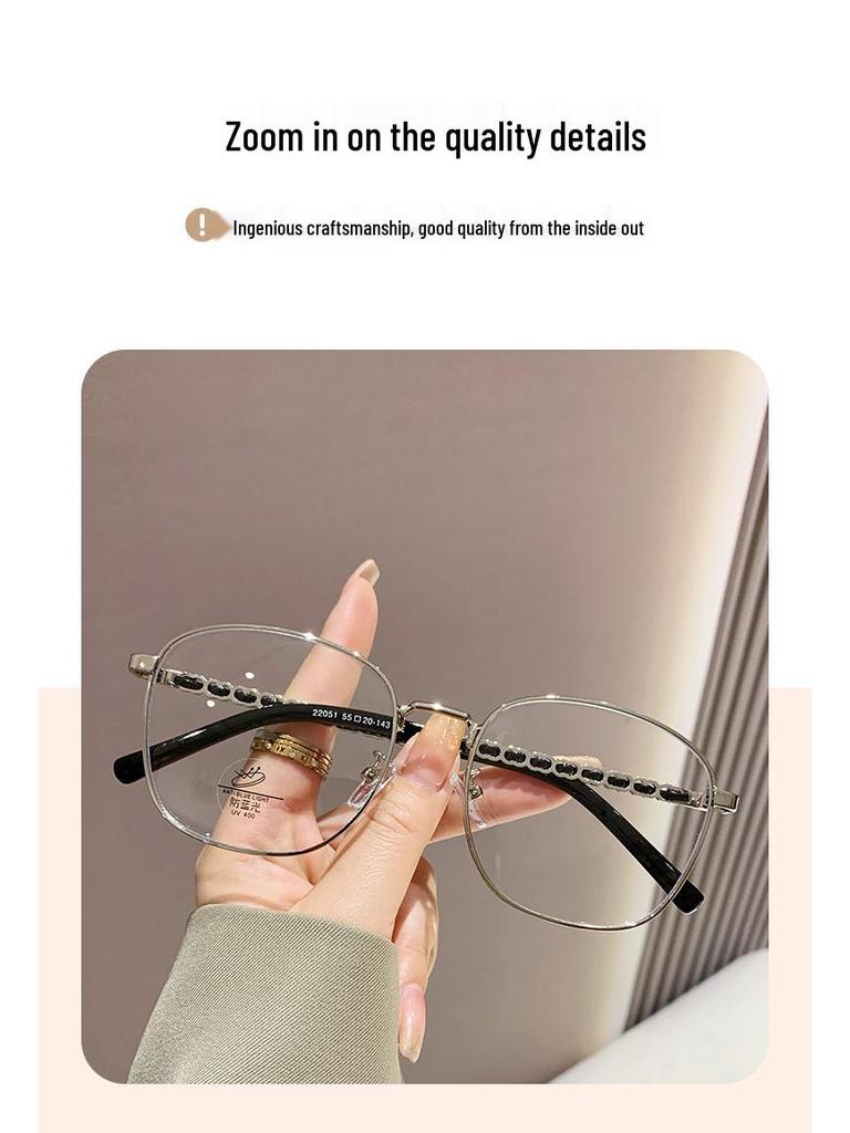Trendy Women's Anti-Blue Light Metal Frame Glasses - Large, Fashionable, Plain Face Style