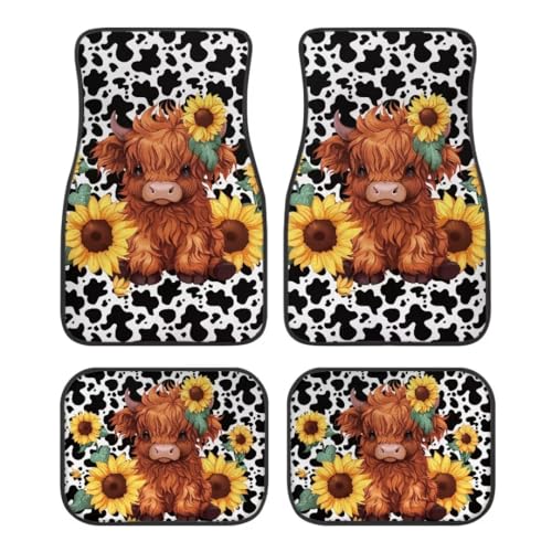 Van Car Interior Accessories 4-Piece Car Protector Mat Highland Cow Sunflowers Print All Weather Car Floor Mats Universal Fit Automotive SUV Sedan