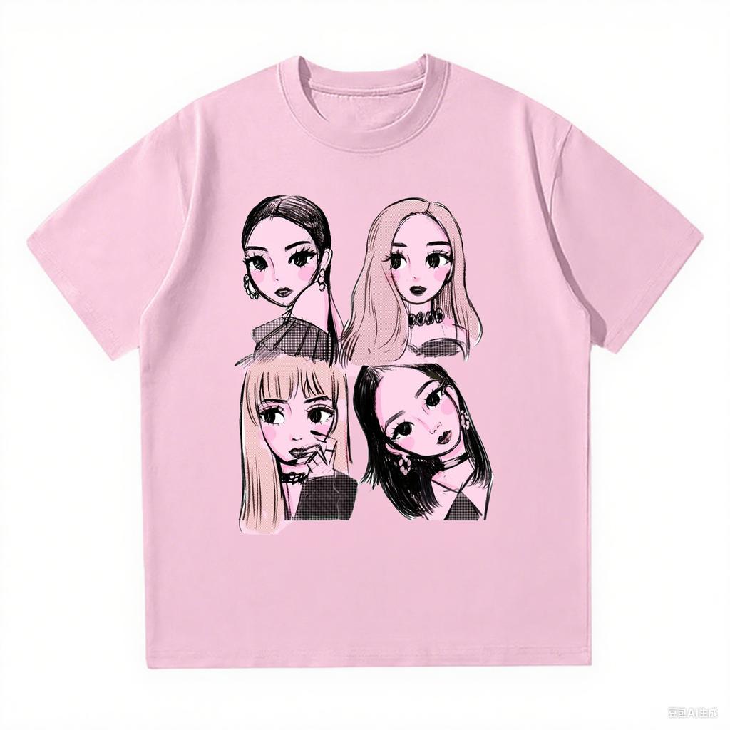 2025 New Korean Kpop BP Pink Girls Graphic Harajuku T Shirts Loose and Comfortable Heavy Cotton Tee Women's Fashion Casual Top