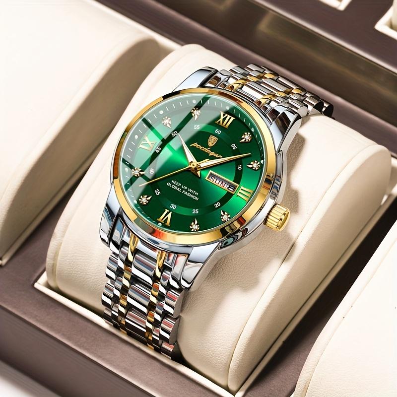 2026 New Arrival Men's Quartz Watch, Stainless Steel Silver Blue Green Black Dial Waterproof Luminous Dual Calendar Business Wristwatch