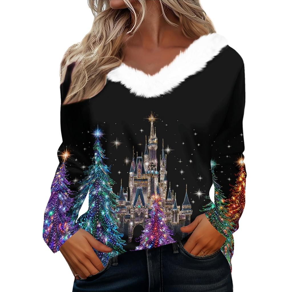 Langermede skjorter for kvinner Søte topper juletrykk T-skjorter Bluser Uformell Pluss størrelse Basic Topper Pullover