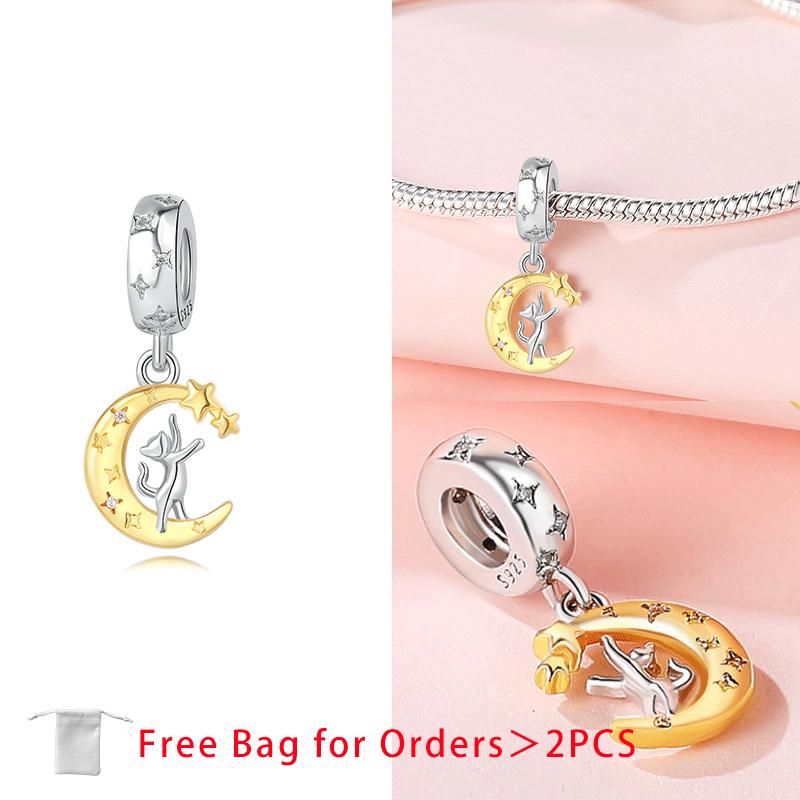 Original Copper Charms Pink Moon Cat Star Heart Love Zircon Beads Pendant Fit Diy Bracelet Necklace Women Jewelry Blue Gift