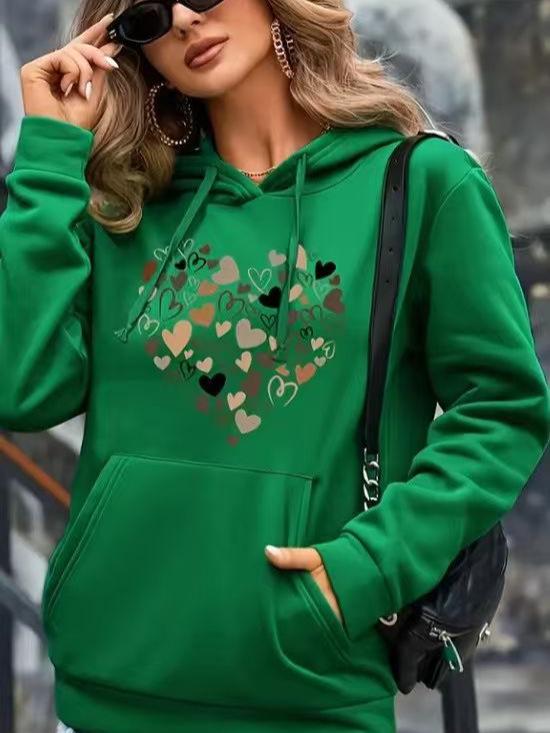 Women's Heart Print Hooded Sweatshirt with Pockets - Comfortable Long Sleeve Casual Wear