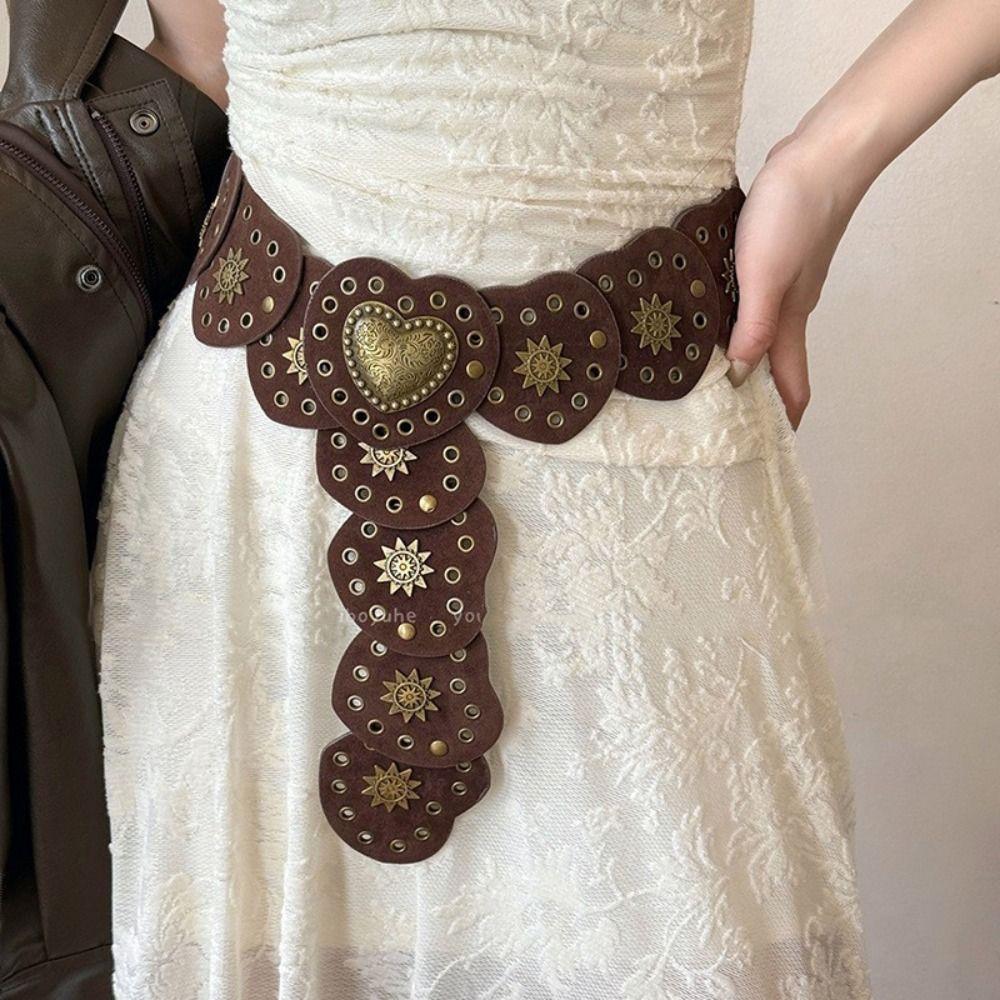 Wide Heart Belts Metal Cowboy Waistband Personality Metal Rivet Belts  Waist Accessories