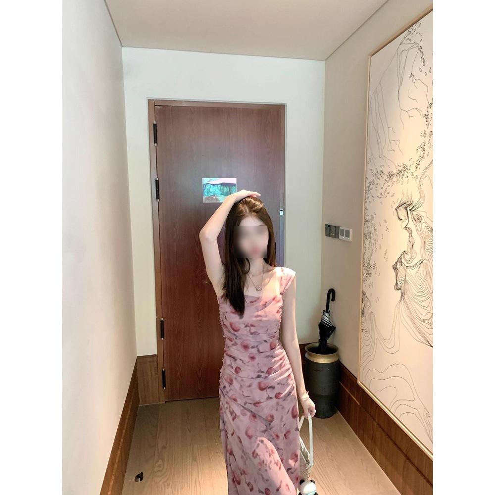 Rosa geblümtes Trägerkleid Kinder Sommer neue Mode Urlaubsstil Taillenkleid