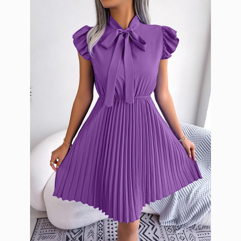 Spring Summer A Line Casual Dresses Women Lace Up Waist Pleated Office Lady Dress Elegant Ruffled Solid Loose Dress Female Clothing 24114