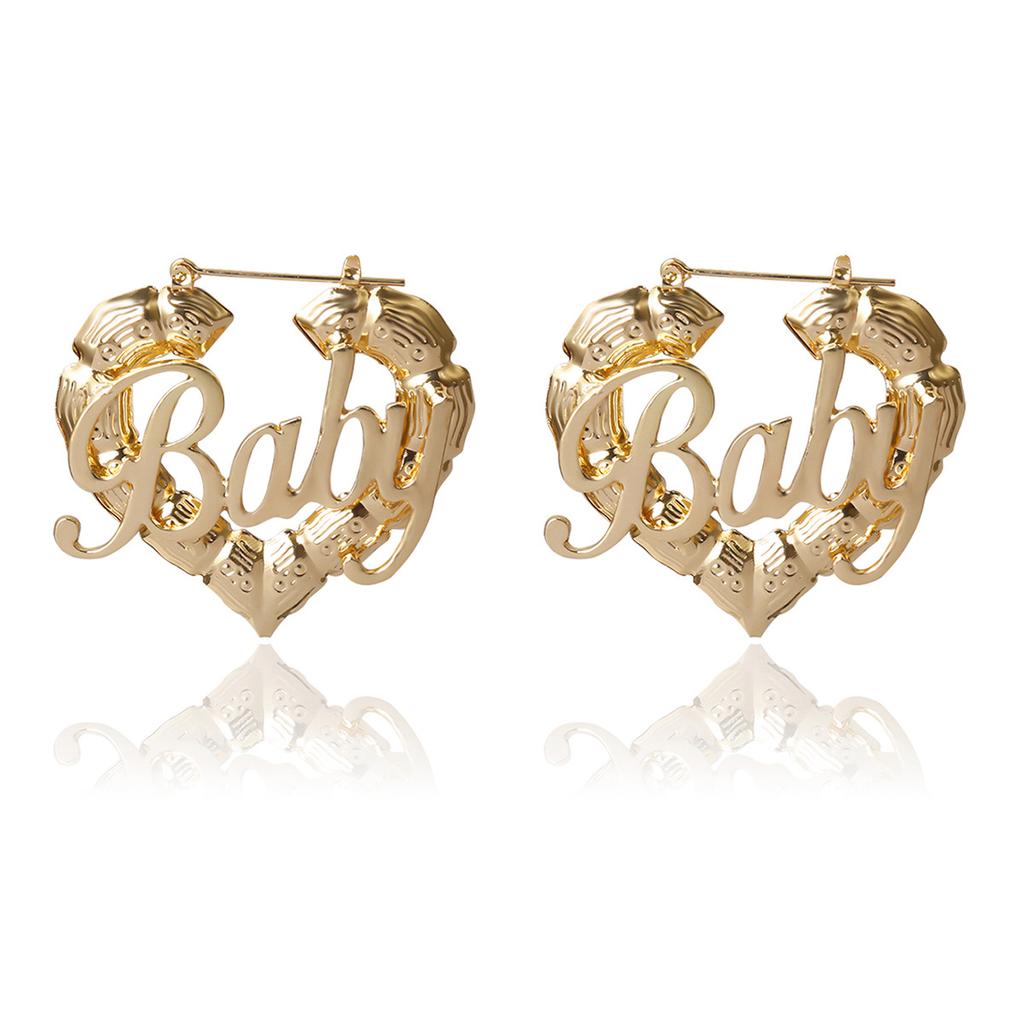 Hip Hop Punk Round Bamboo Earrings Creative Pockmarked Peach Heart Baby Letter Stud Earrings