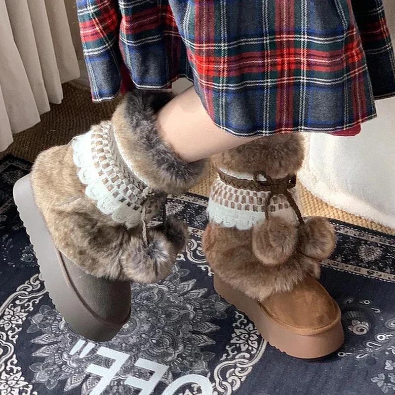 Bow Fur Snow Boots Women Platform Ankle Shoes Winter Suede Flats Warm  2025 New Brand Fashion Sweet Chelsea