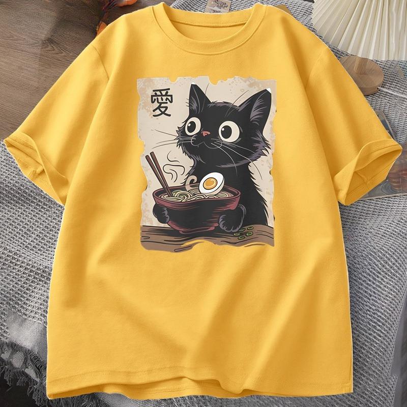 Funny Cat RaUnisex Graphic Tee Japanese Kawaii Anime Cat TShirt Cotton Short Sleeve Oversized Loose Short Sleeve Tee Streetwear