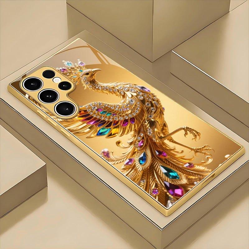 Colorful Diamond Golden Peacock Pattern Glass Phone Case for Samsung Galaxy S26 S25 S24 S23 S21 S20 Fe/plus/ultra Hard Case