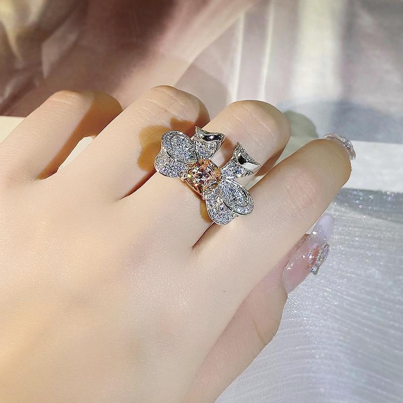 Elegant Three-dimensional Bow Ring  Copper Micro-encrusted Diamond Zircon Ring Cocktail Party Wedding Jewelry