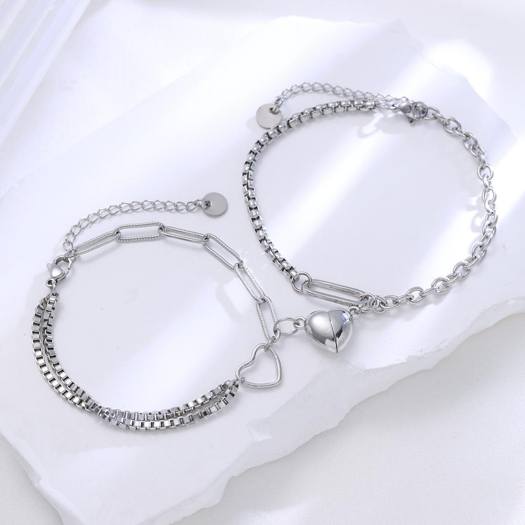 2PCS Simple Fashion Stainless Steel Bracelet Set for Couple Unisex Women Men Lover Heart Silver Color Chain Bracelets Jewelry