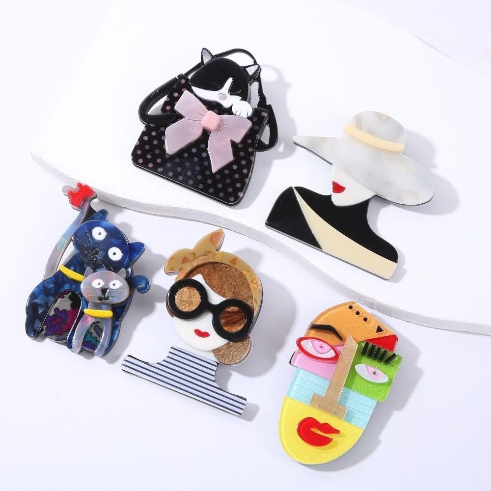 Acrylic Women Portrait Pin Cartoon Coat Badge Elegant Animal Brooches