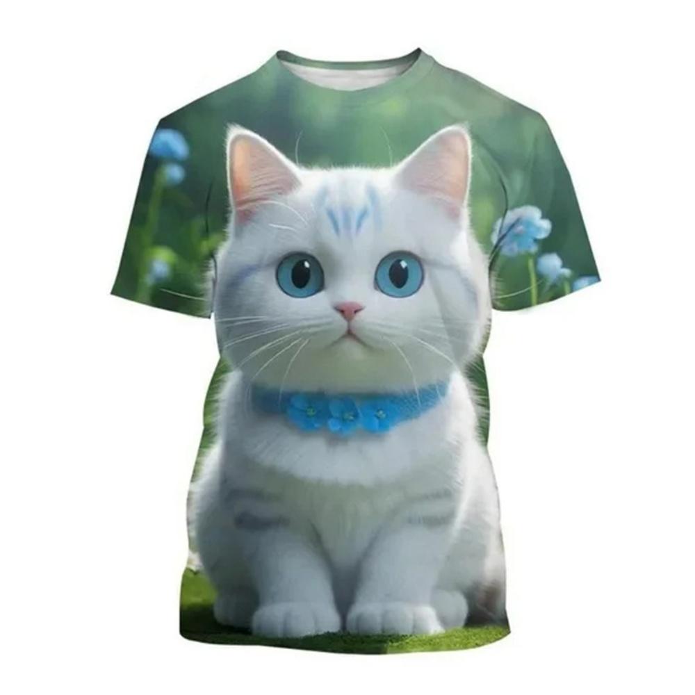 Fashion Korean Cute Cat Print Tees Children Girls Summer Clothes Kawaii Crew Neck