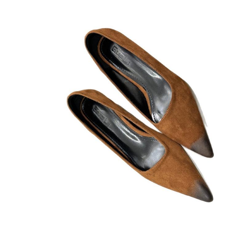2025 autumn new suede high heels women's commuter professional shoes pointed polish old light mouth stiletto single shoes