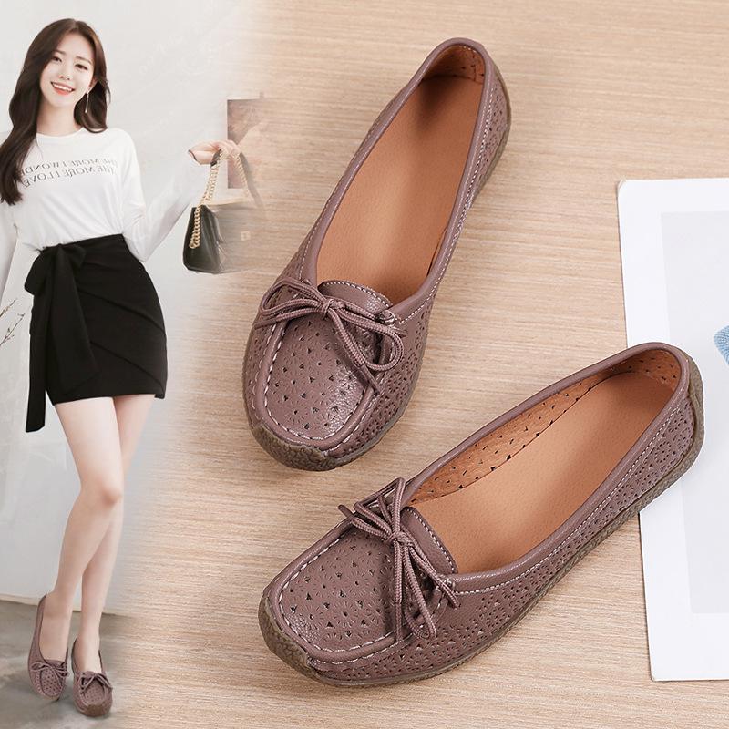 

Женские летние мокасины слипоны из натуральной кожи: Дышащий, Полый Дизайн для Людей Среднего и Пожилого Возраста. Повседневная, Плоская, Удобная обувь. 41