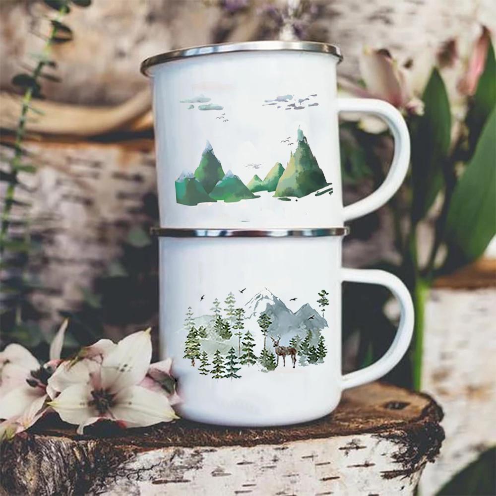 Abenteuer Campingbecher Lagerfeuerbecher mit Waldaufdruck Emaille Campingbecher Outdoor Wohnmobil Kaffee Henkeltasse Camper Beste Geschenke