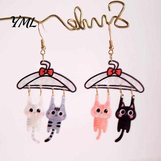 Funny Animal Earring Charms 1 Pair Cute Cat Dangle Drop Earrings for Women, 2D Acrylic Cartoon Kitten Casual Daily Wear Jewelry Hang on Clothes Hanger