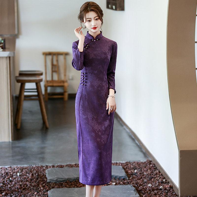 Purple Mother Outfit, National Style, New Chinese Suzhou Long-sleeved Cheongsam, Improved Young Women's High-end Autumn and Winter Clothing