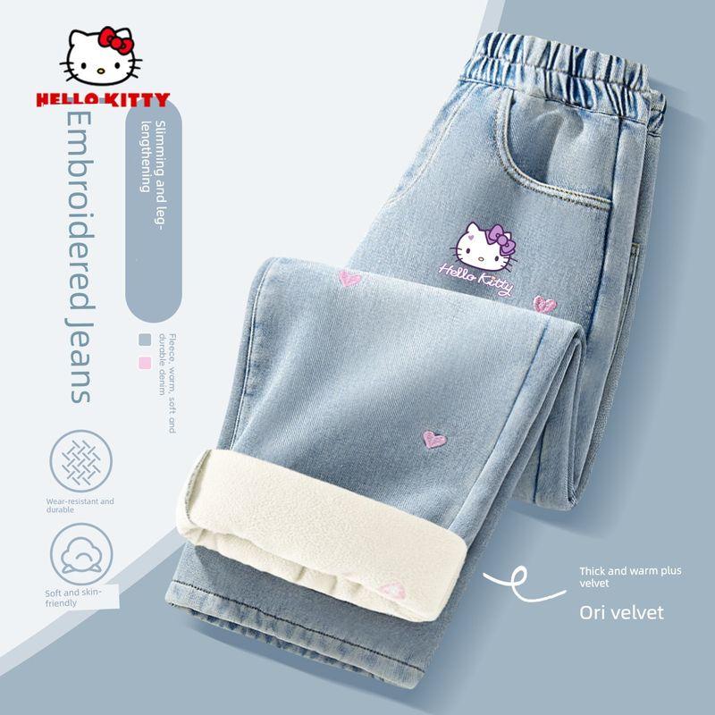 Hellokitty Girls' Fleece-Lined Jeans, Autumn and Winter Integrated Fleece Embroidered Straight-Leg Pants, Stylish Children's Thickened Pants