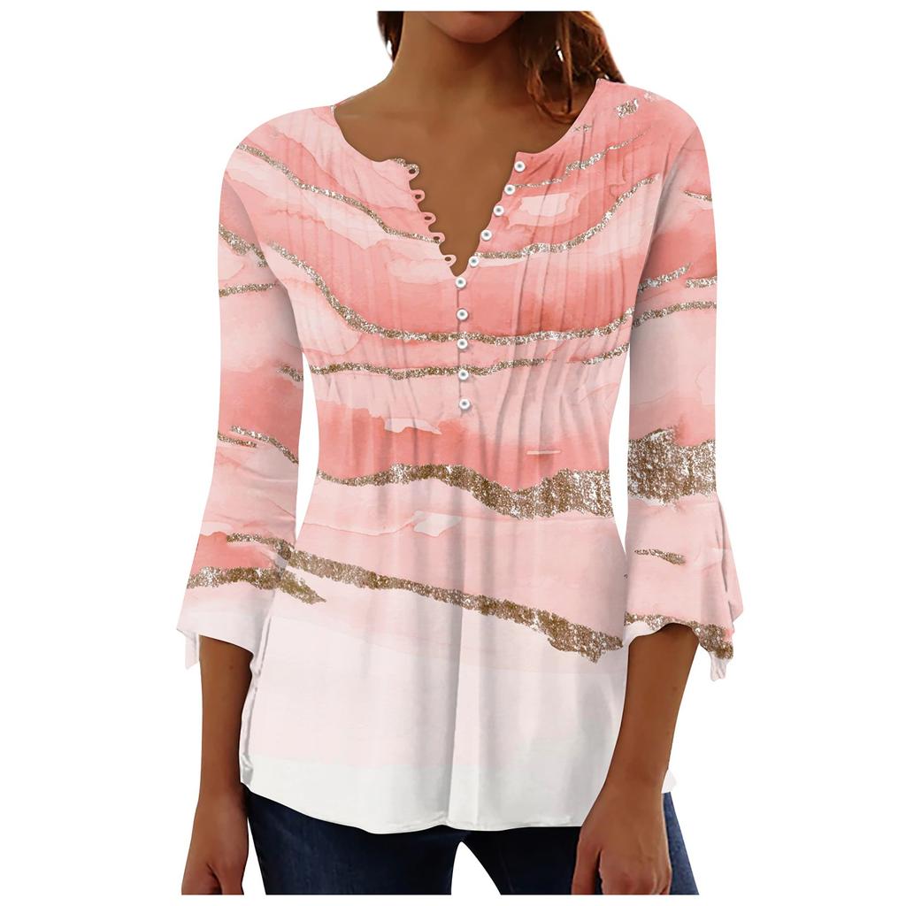 Damen Bluse mit Knopfleiste, Blumenmuster, Oberteil, Sommer, lässig, 3/4-Ärmel, V-Ausschnitt