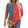 Women's Fashion Casual Color Block Stitched Print Round Neck Seven-sleeve T-shirt Top