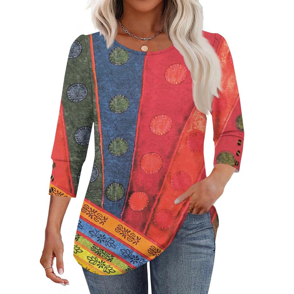 Women's Fashion Casual Color Block Stitched Print Round Neck Seven-sleeve T-shirt Top