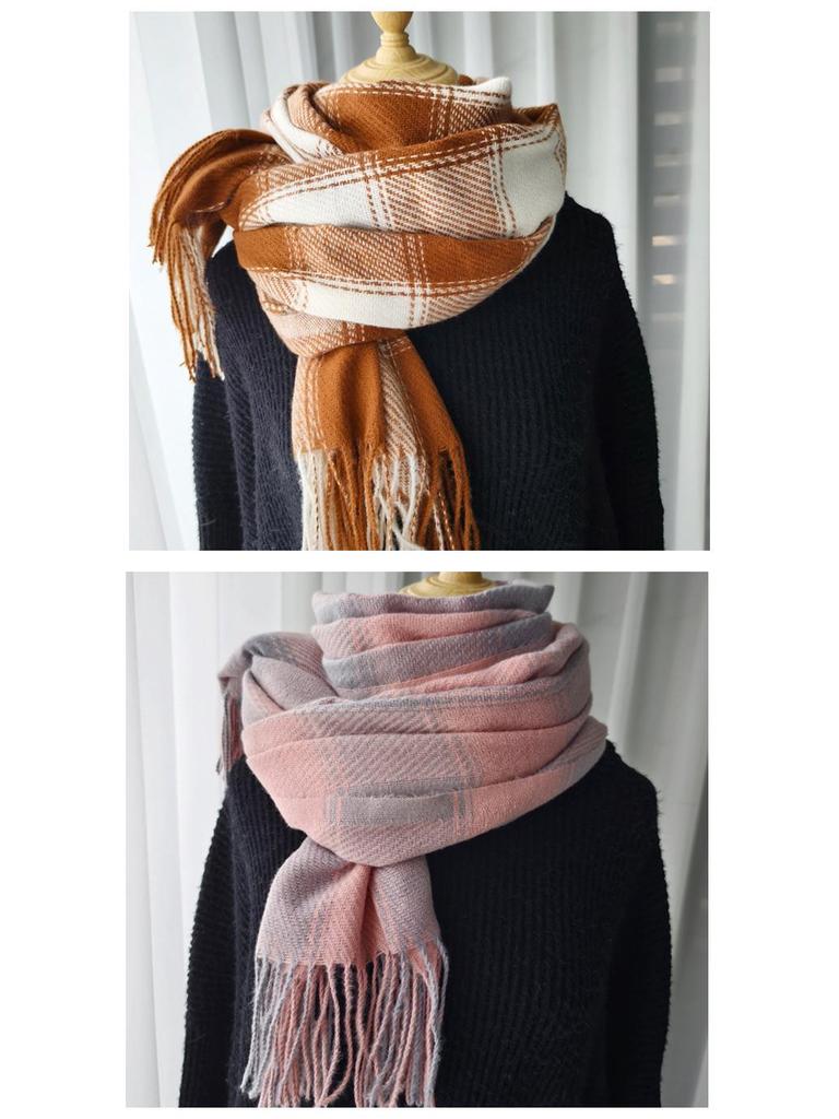 Women's 2024 Korean Style Plaid Snood: Versatile Thick Tassel Shawl for Autumn and Winter