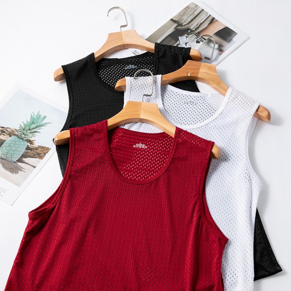 2026 Men Tank Tops Mesh Hollow Out Solid O-Neck Sleeveless Streetwear Male Vests Transparent Summer Fashion Men Clothing