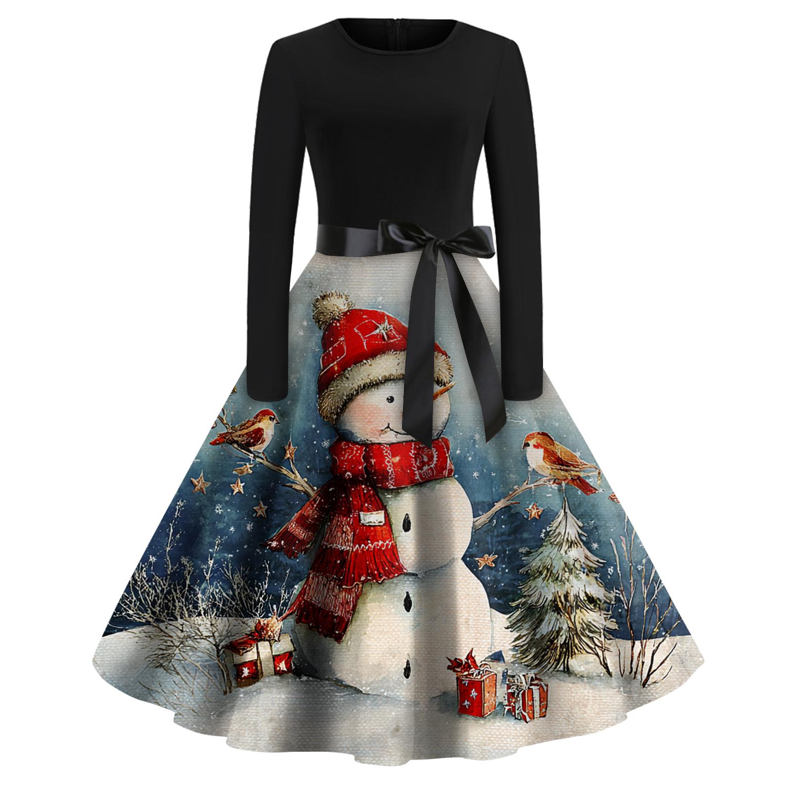 

Women s Fashion Round Casual Slim Fit Christmas Print Large Swing Long Sleeve Dress L