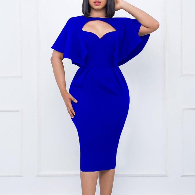 Women Solid High Waist Short Sleeve Pencil Bodycon Office Commute Dress