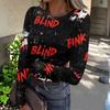Women's Halloween Print Long Sleeve Neck Ribbed Top for Casual Fashion
