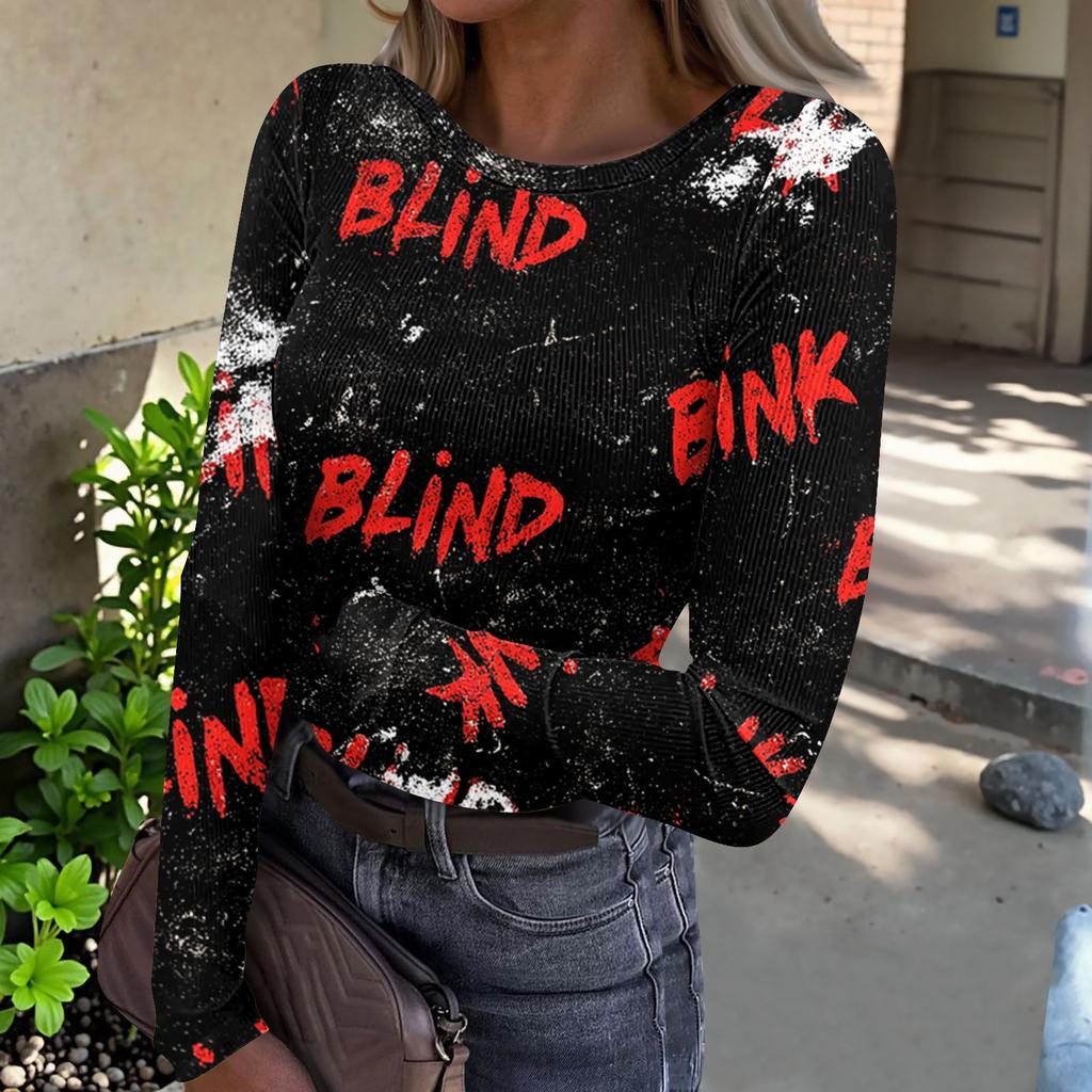 Women's Halloween Print Long Sleeve Neck Ribbed Top for Casual Fashion